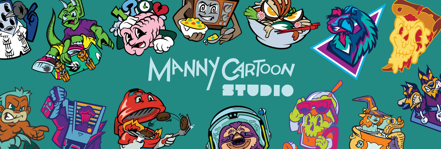Manny Cartoon Studio Surrounded by Raman Noodle's, Pizza, Witch, Brain, Dinosaurs, Slushies , Skulls, TV,