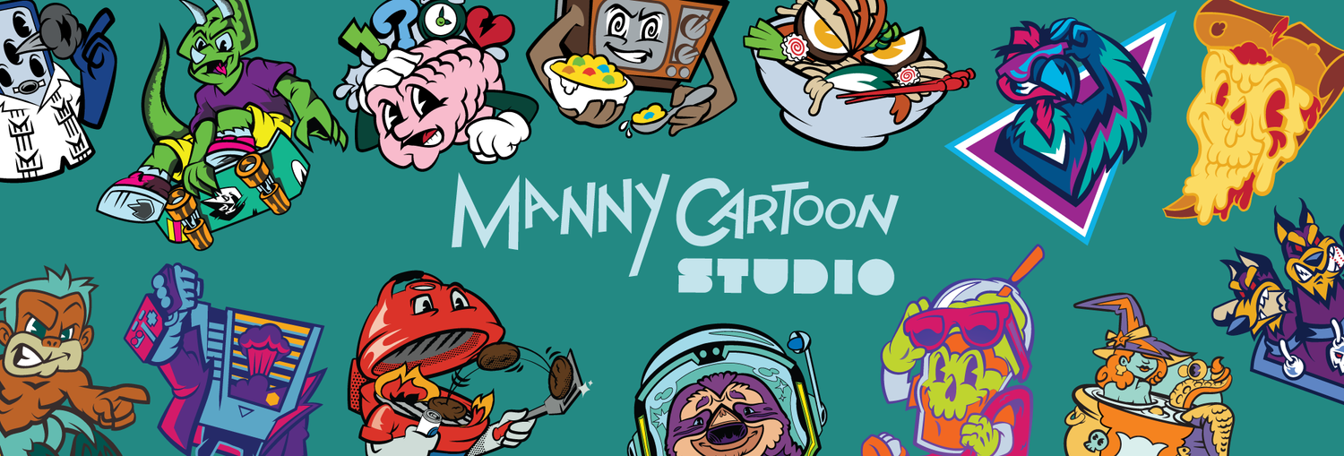 Manny Cartoon Studio Surrounded by Raman Noodle's, Pizza, Witch, Brain, Dinosaurs, Slushies , Skulls, TV, 