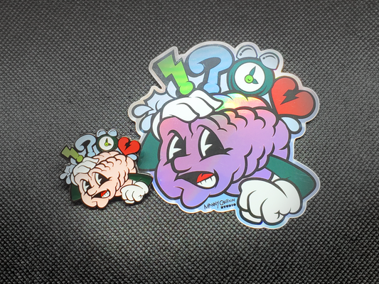 Glow in the Dark Panic Brain Pin Sticker Combo
