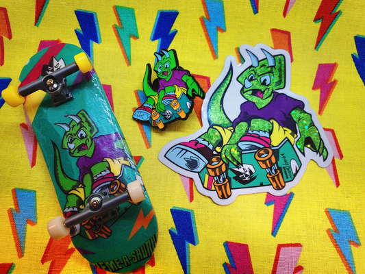 Xtreame-O-Saurus Triceratops Skater Pin/Sticker Combo