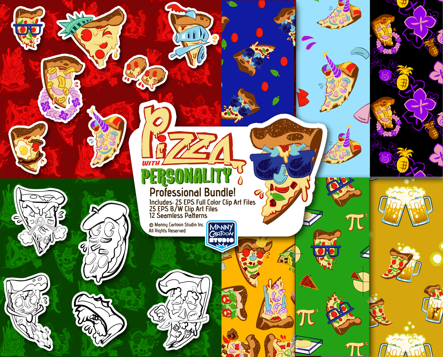Summer Pizza Faces Professional Licence Pizza Face Clipart Seamless Pattern